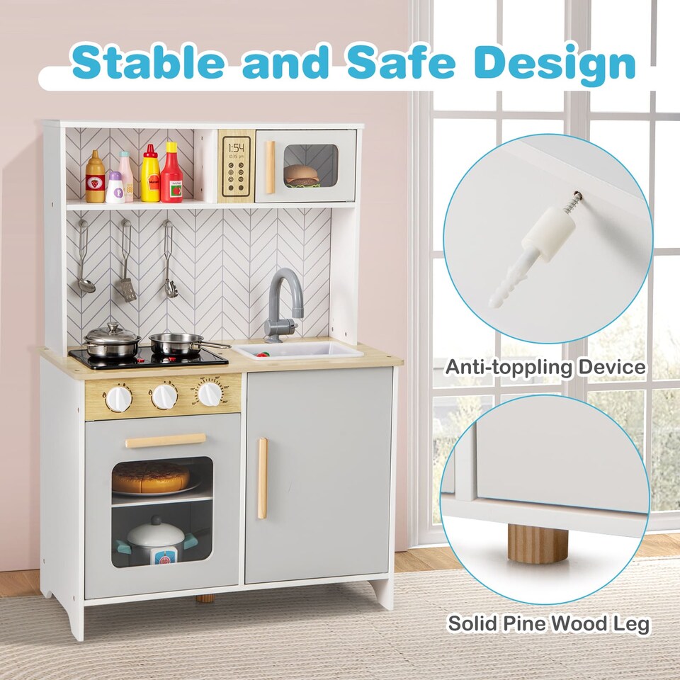 image 1 of COSTWAY Kids Kitchen Playset Pretend Play Kitchen Set with Sounds-White