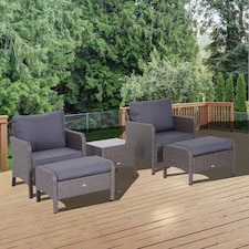 Outsunny 5 Pieces PE Rattan Garden Furniture Set with 10cm Thick Padded Cushions, Wicker Weave Outdoor Seating Chairs with 2 Armchairs, 2 Stools, Glass Top Table, Grey