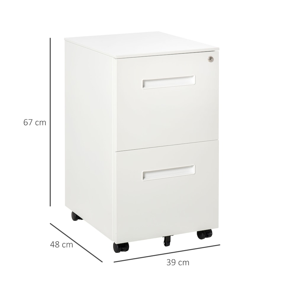 image 1 of Vinsetto Metal Mobile File Cabinet with Wheels, Lockable 2 Drawer Filing Cabinet for A4, Legal, Letter, Compact Under Desk Storage Unit with Pre-Assembled Body for Home Office, 39 x 48 x 67cm, White