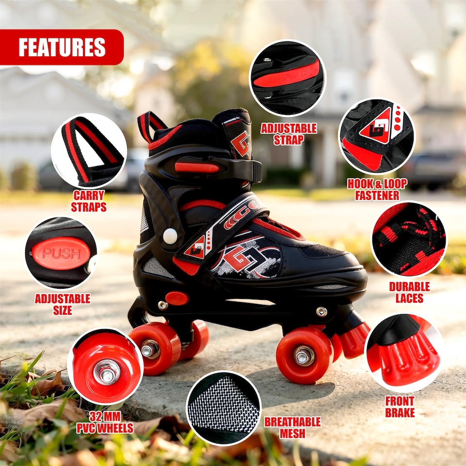 image 1 of The Magic Toy Shop Kids Adjustable Roller Skates, Black & Red, Medium
