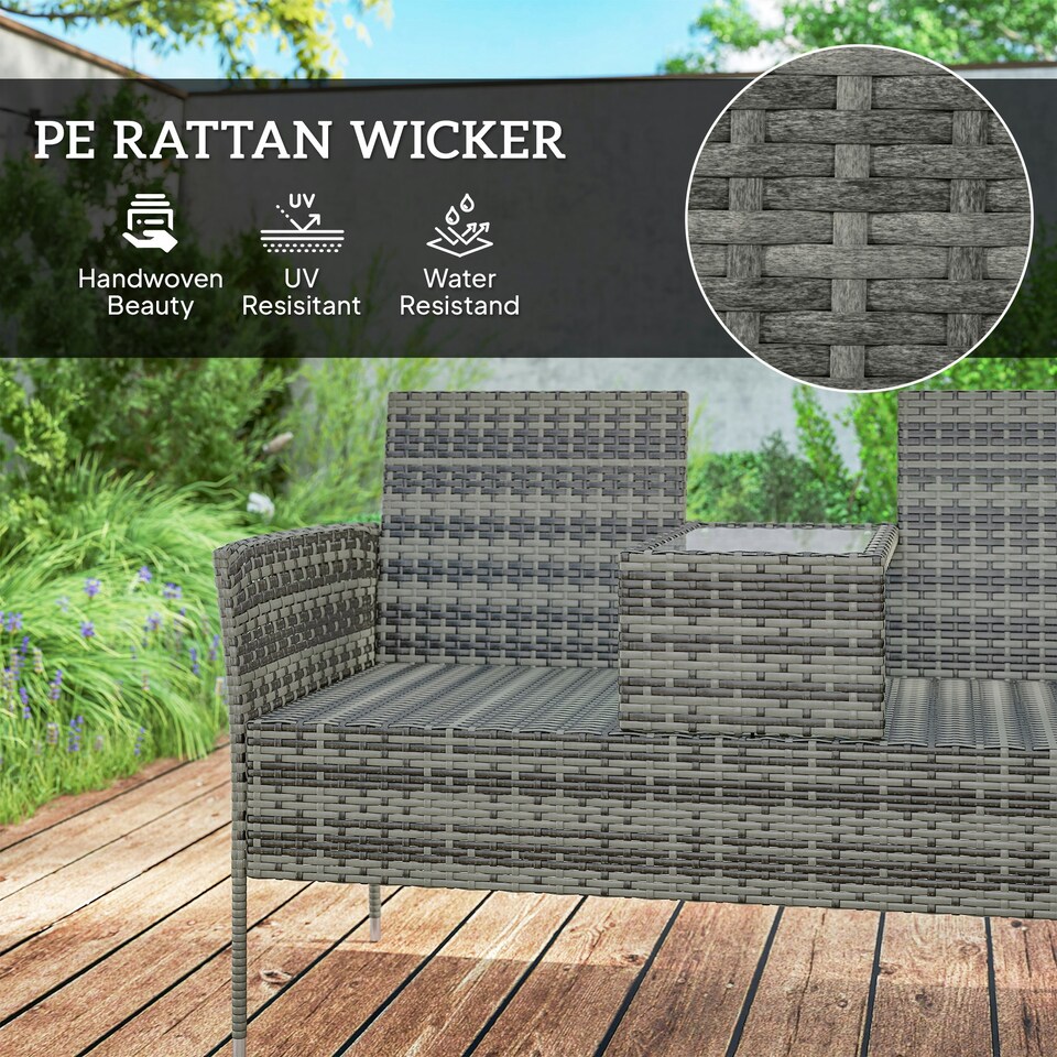 image 1 of Outsunny 2-Seat Rattan Bench w/Glass Table, Charcoal Grey Grey