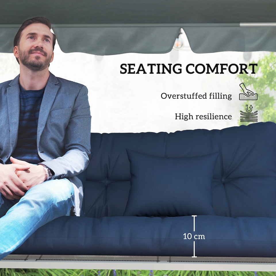 image 1 of Outsunny Outdoor Seat Cushions Back Cushion with 2 Pillows, Seat Pads | Blue | Dark Blue | Seat cushion: 150x50x10cm, Back cushion: 150x50x10cm, Pillow: 40x30x15cm