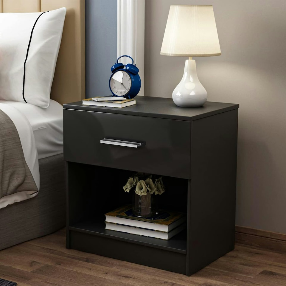 image 1 of Modern Bedside Table with Drawer and Open Shelf High Gloss In Black Black