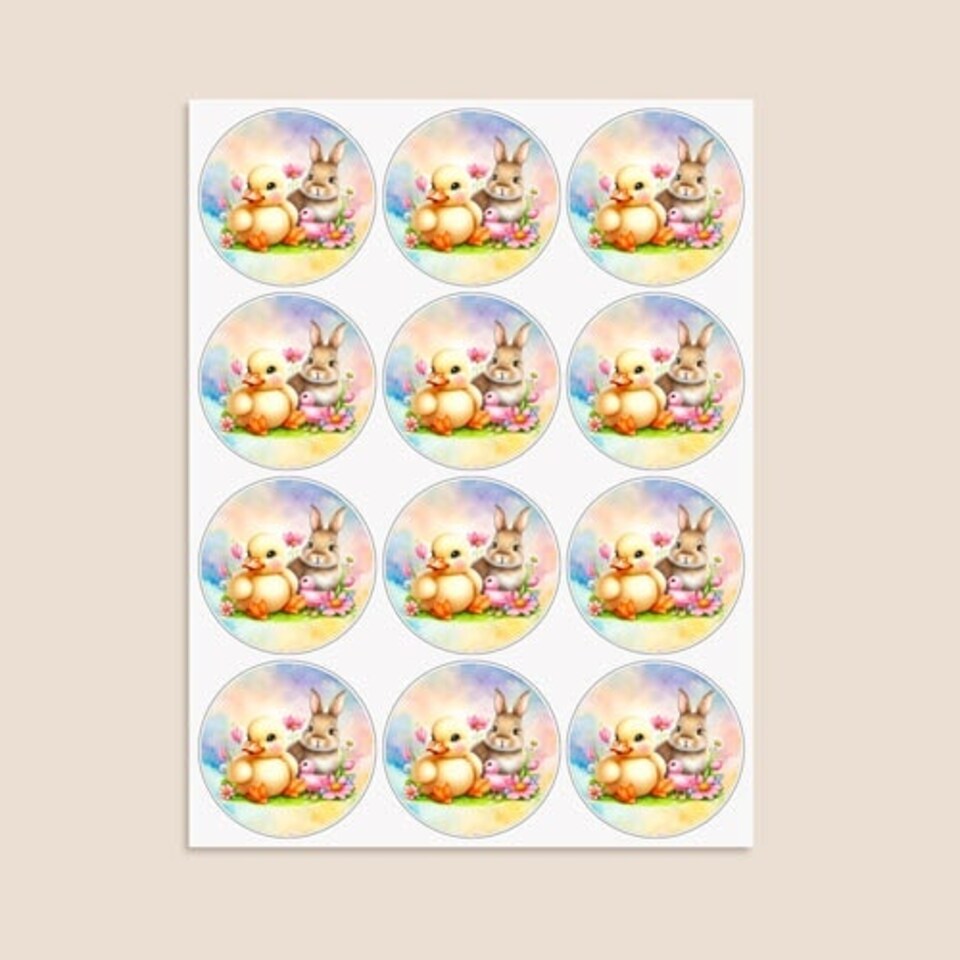 image 1 of Easter Bunny and Chick Round Stickers 60mm - Sheet of 12