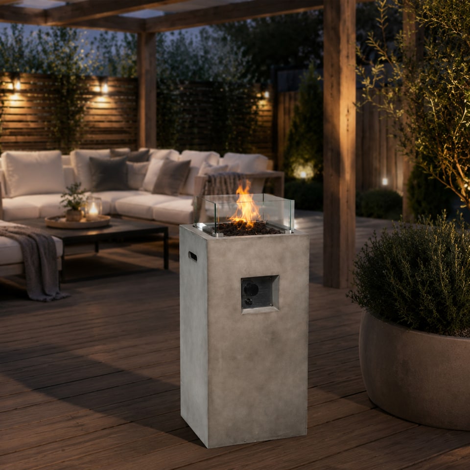 image 1 of Teamson 42cm Gas Fire Pit Column with Glass Wind Guard & Lava Rocks