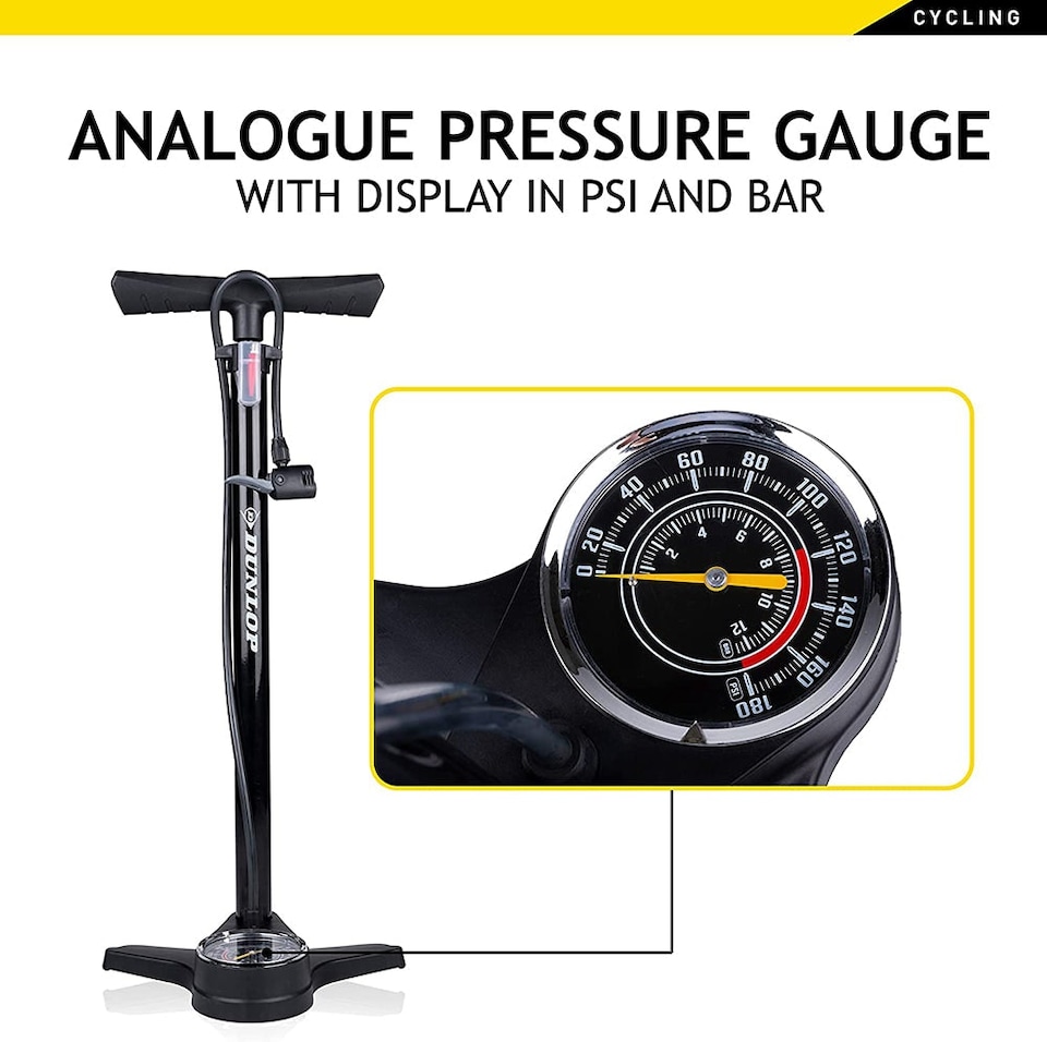 image 1 of Dunlop Bicycle Foot Pump Pressure Gauge Valve Bike Car Schrader Presta Air 12Bar