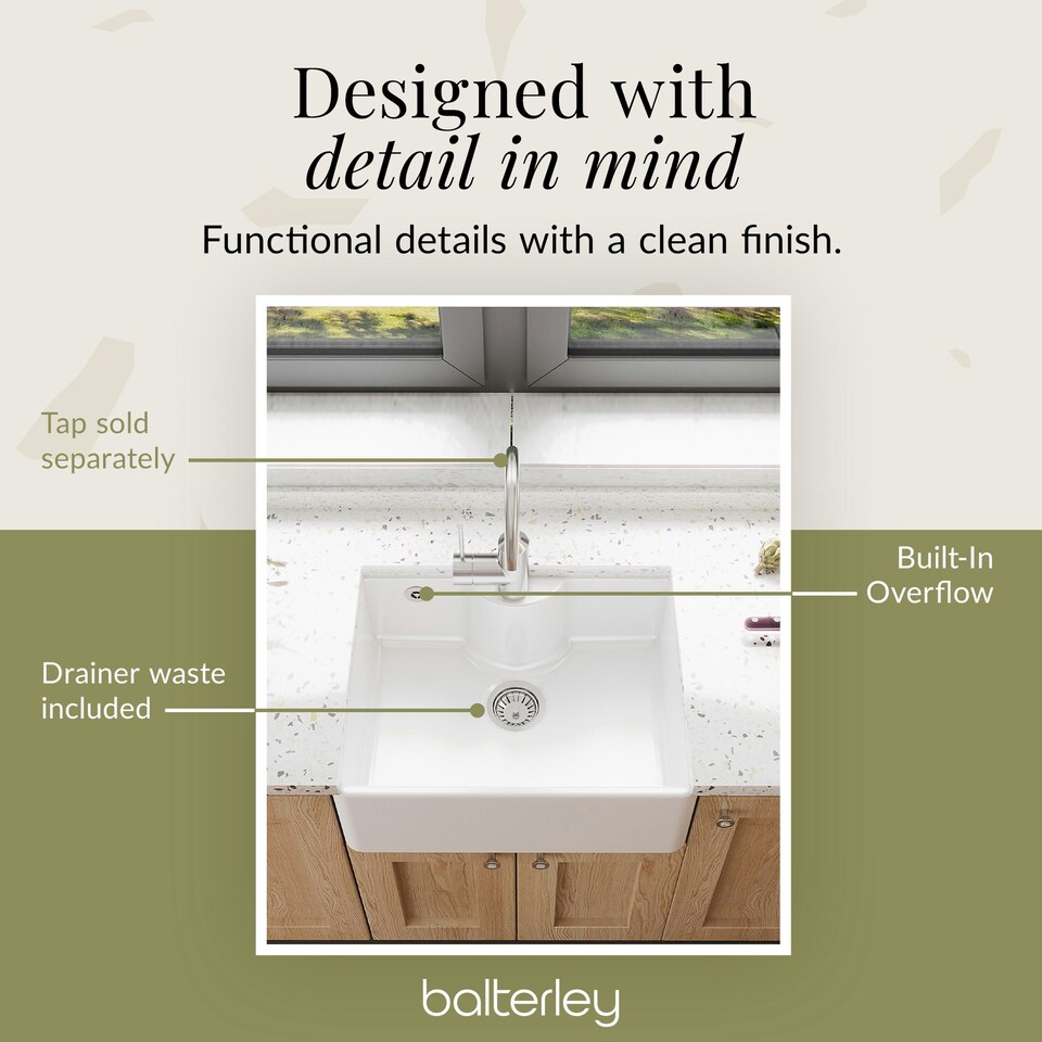 image 1 of 595mm - 1 Bowl Fireclay Butler Kitchen Sink - Tap Ledge, Hole, Overflow & Waste
