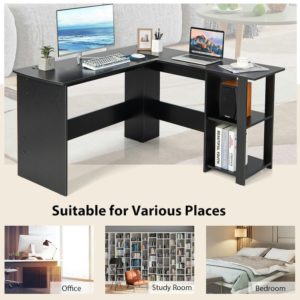 image 1 of COSTWAY L-Shaped Corner Computer Desk Writing Desk Workstation Black