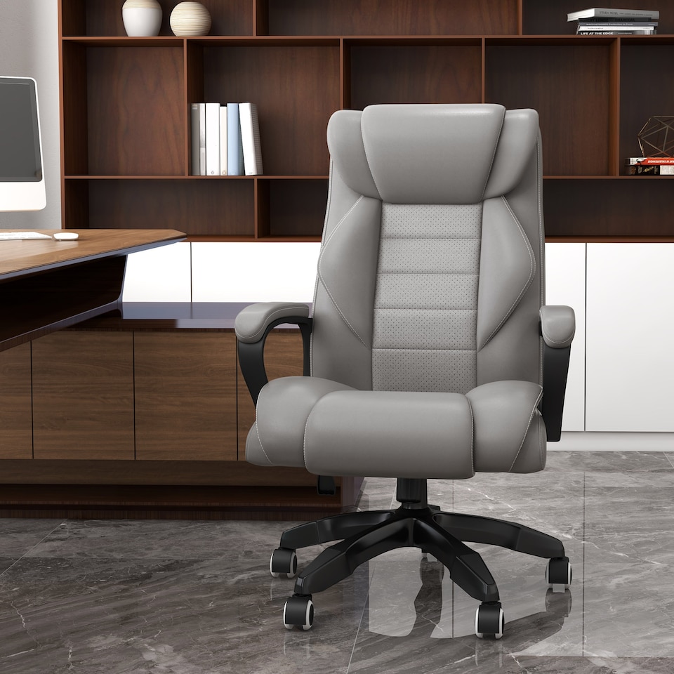 image 1 of Vinsetto Office Chair with 6-Point Maaage, PU Desk Chair with Padded Seat and Armrest, Computer Chair with Tilt Function for Home, Grey