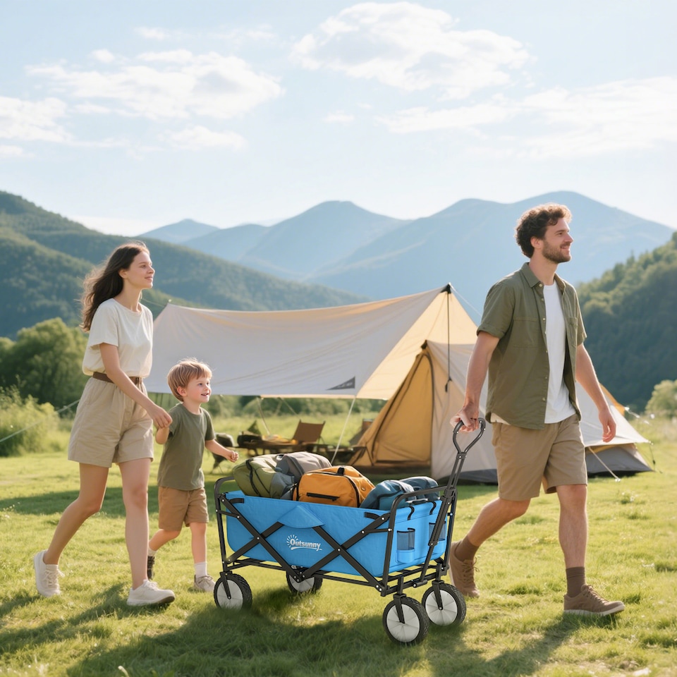 image 1 of Outsunny Folding Outdoor Storage Trolley Cart Bag Telescopic Handle Brakes Blue