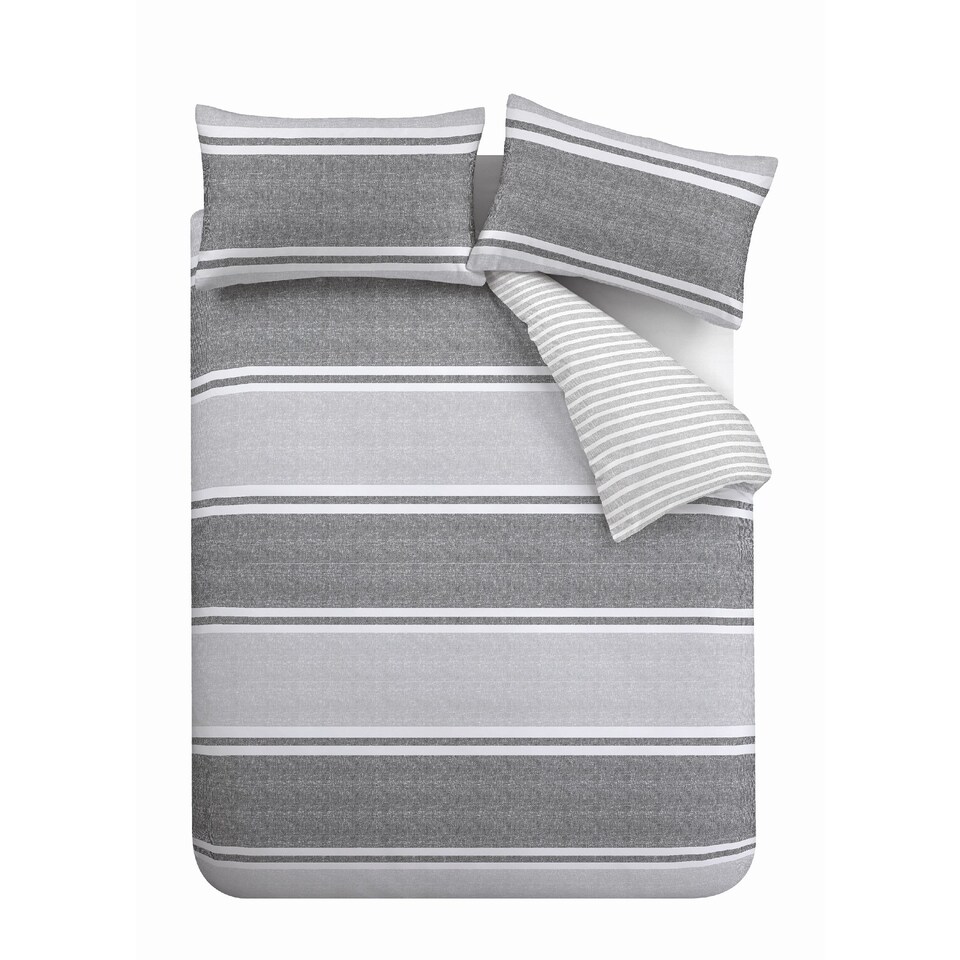 image 1 of Textured Banded Stripe Reversible Duvet Cover Set | Grey | Charcoal Grey
