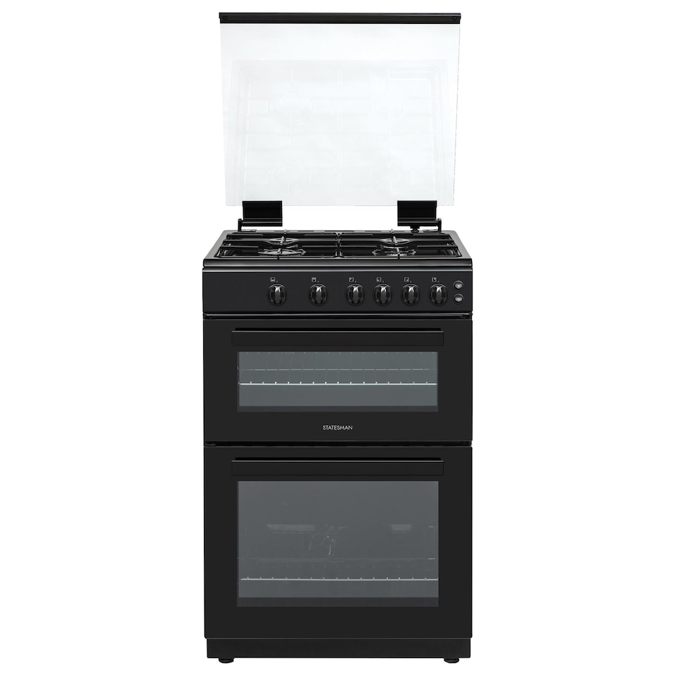 image 1 of Statesman GDL60B Double Oven Gas Cooker with Glass Lid & Closed Door Grilling, 4 Gas Burners, 60cm Wide, Black