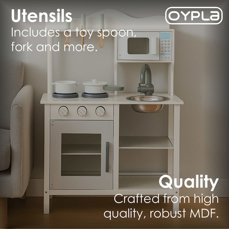 image 1 of Childrens Kids Roleplay Wooden Play Kitchen Cooking Playset with Utensils