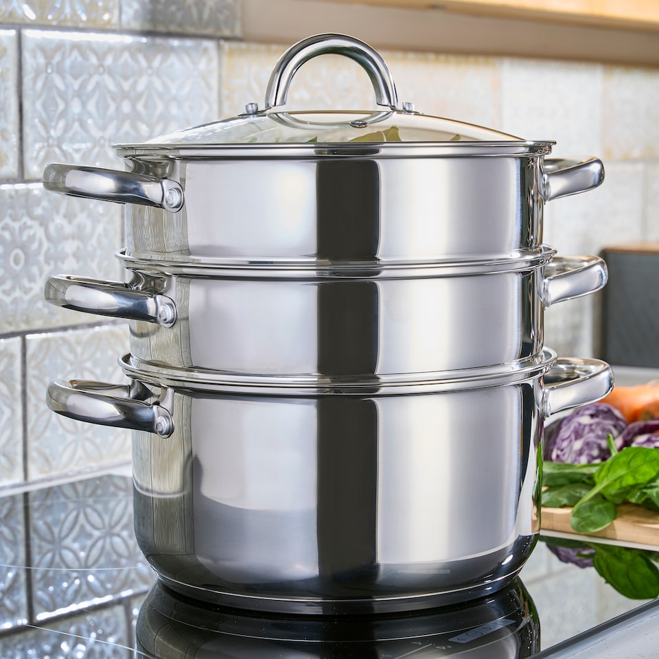 image 1 of Cooks Professional 3 Tier Stainless Steel Steamer Pan - Suitable for All Hobs | Silver | 24cm