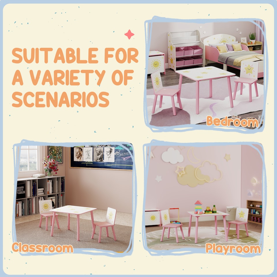 image 1 of AIYAPLAY 3-Piece Kids Table and Chair Sets, Kids Table with 2 Chairs Set Furniture with Star Pattern for Boys and Girls, Bedroom, Nursery, Playroom, Pink | Pink