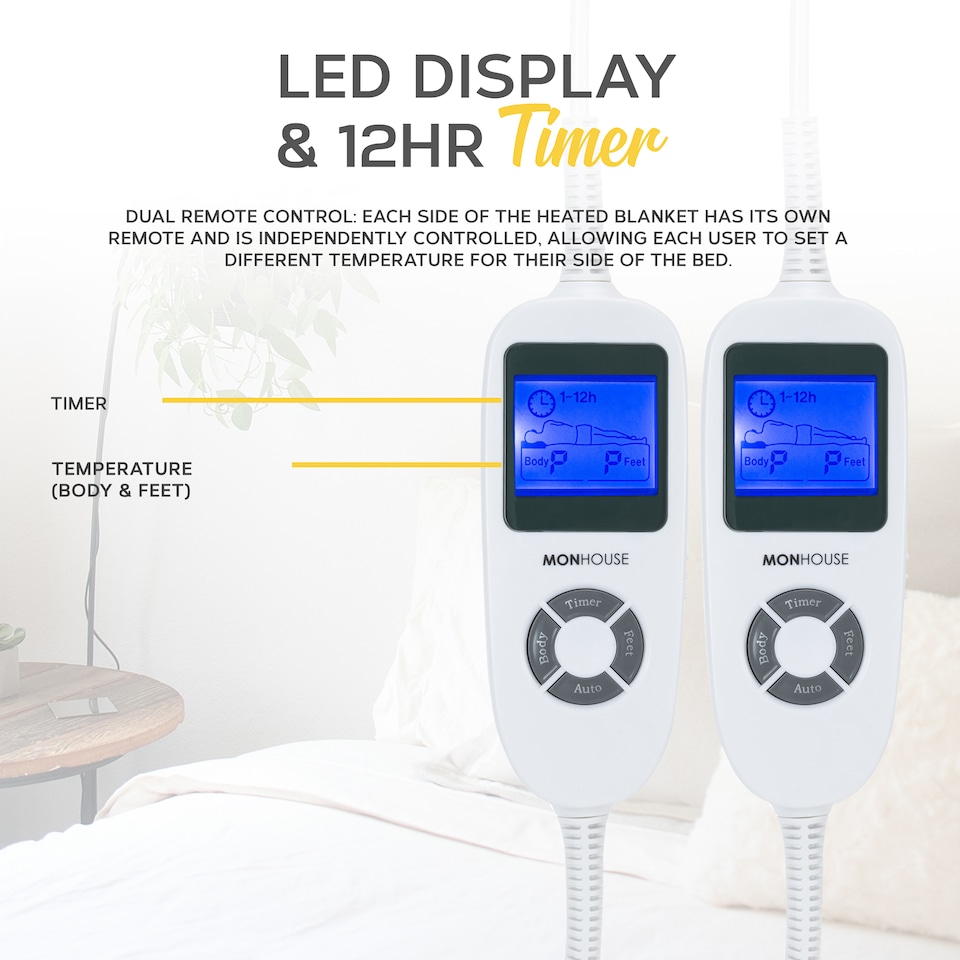 image 1 of MONHOUSE Fleece Electric Heated Under Blanket - Double 137x190cm - Detachable & Machine Washable - Controller Multi Zones, 9 Heat Settings | Cream | 1