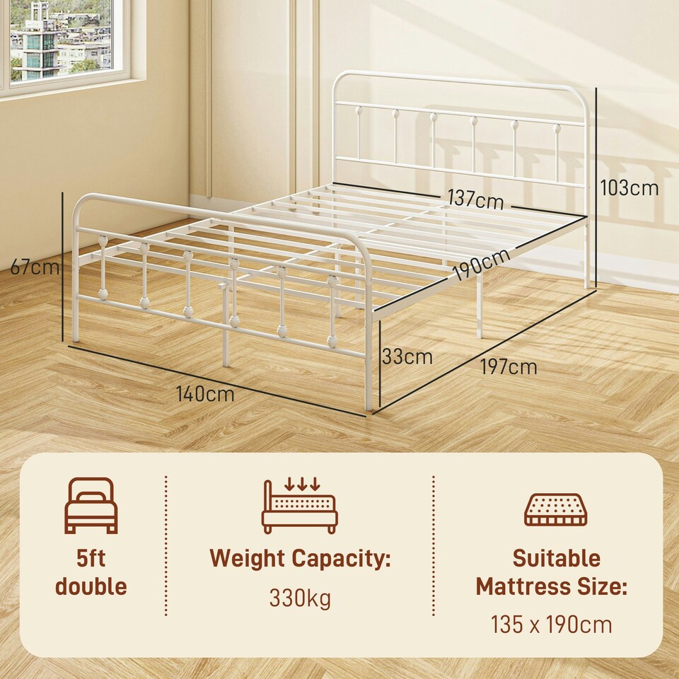 image 1 of HOMCOM 4ft6 Metal Double Platform Bed Frame w/ Underbed Storage White