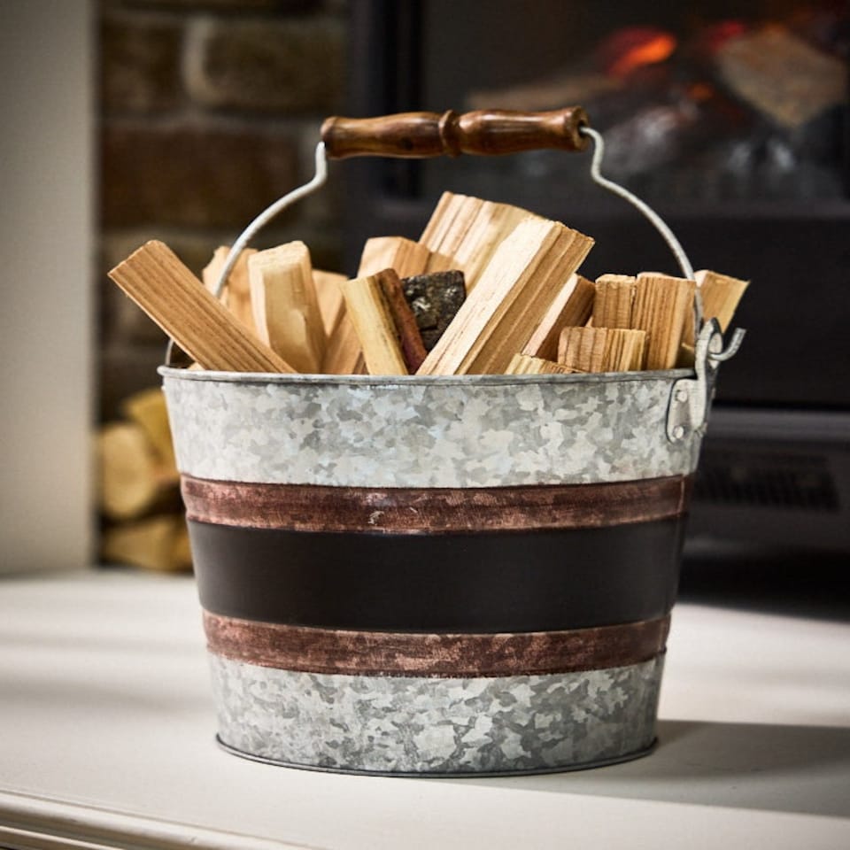 image 1 of Black Band Fireside Kindling Bucket Silver | Black