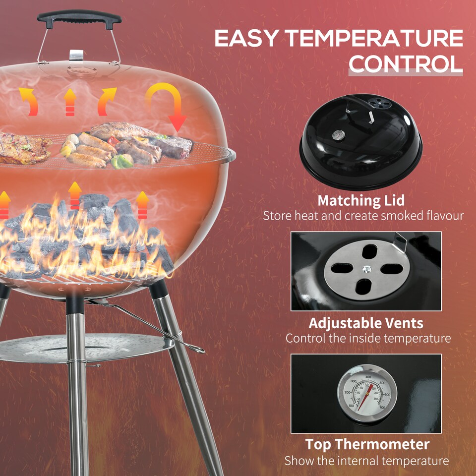 image 1 of Outsunny Portable Kettle Charcoal Grill BBQ Smoker w/ Cover, Lid, & Thermometer | Black | Black