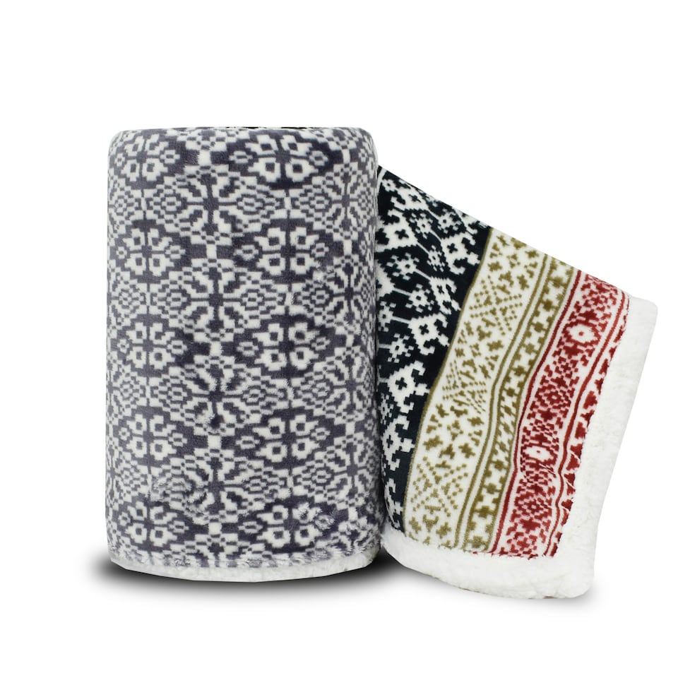 image 1 of Velosso Aztec Ethnic Print Sherpa Reverse Blanket - 130cm x 180cm Grey | Charcoal