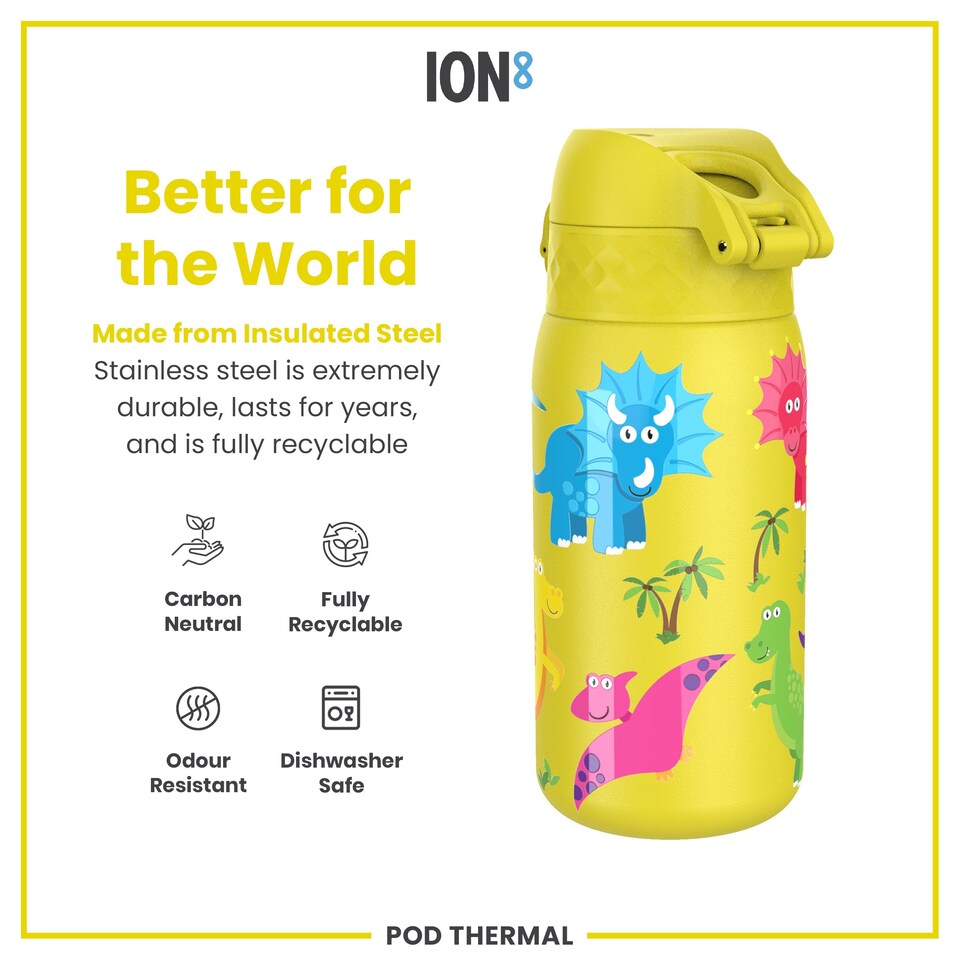 image 1 of Leak Proof Water Bottle, Vacuum Insulated, 320ml (11oz) | Yellow | Dinosaurs | One Size