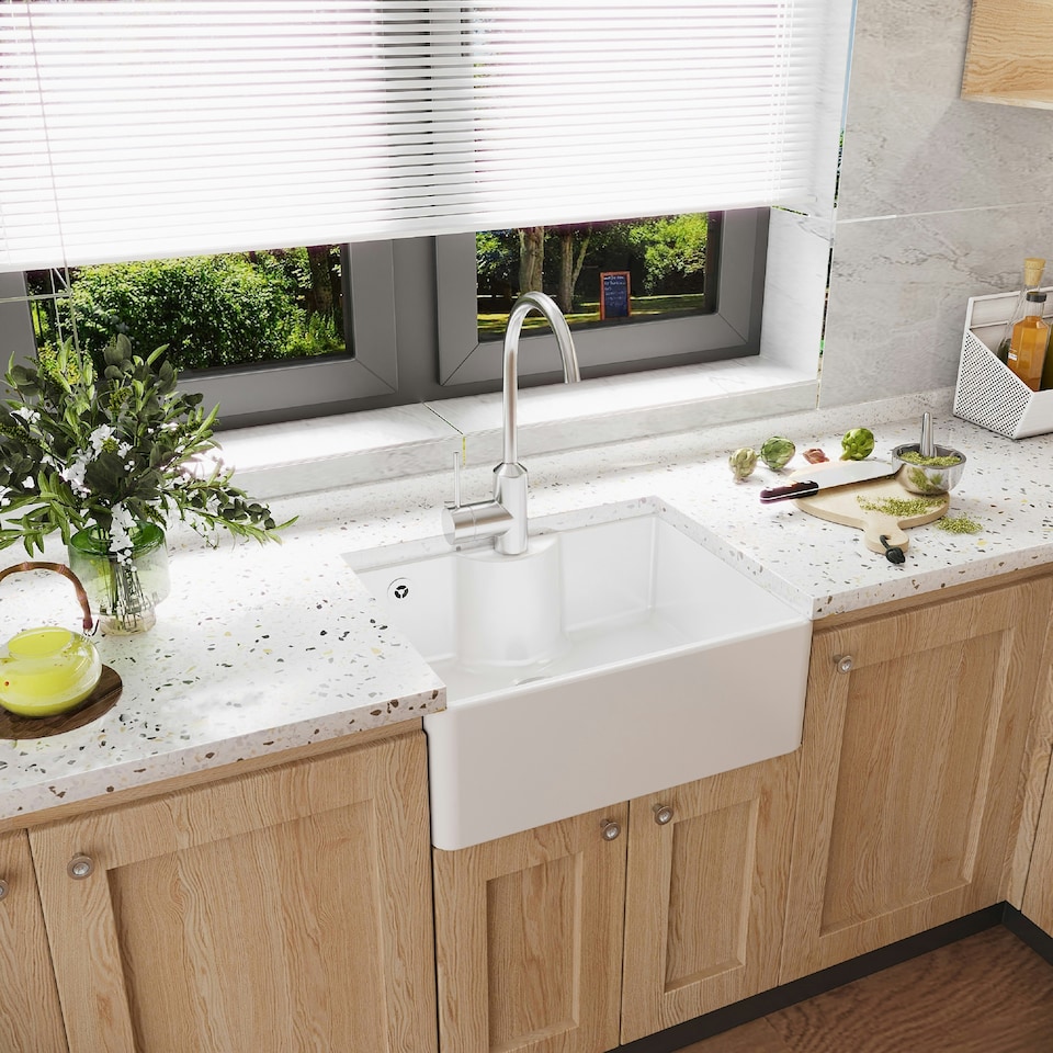 image 1 of 595mm - 1 Bowl Fireclay Butler Kitchen Sink - Tap Ledge, Hole, Overflow & Waste
