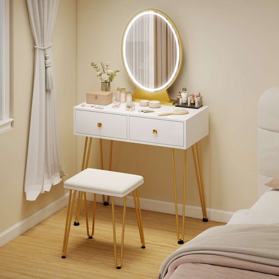 image 1 of HOMCOM Dressing Table with LED Mirror and Cushioned Stool, Vanity Desk with Acrylic Lipstick Holder and 2 Drawers, Makeup Table for Bedroom, White