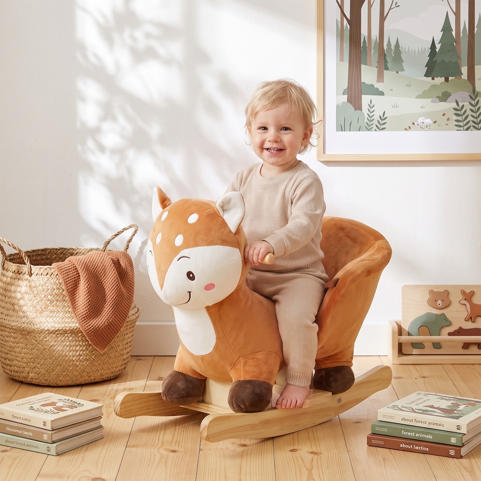 image 1 of AIYAPLAY Rocking Horse, Ride on Horse Deer Design with Animal Sounds, Brown