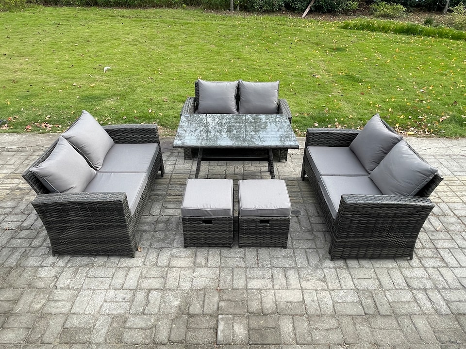 image 1 of Fimous Outdoor Lounge Sofa Set Wicker PE Rattan Garden Furniture Set with Rectangular Dining Table 2 Seat Sofa 2 Small Footstools Dark Grey Mixed