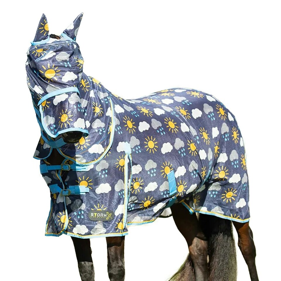 Hy Come Rain or Shine Horse Fly Mask With Ears And Detachable Nose - Navy/Blue/Yellow - X Full