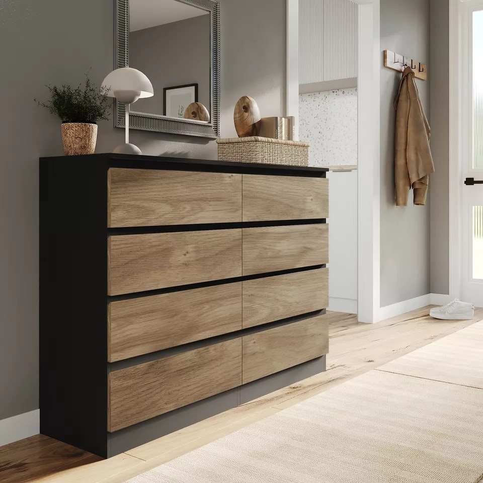image 1 of Minimalist Chest of 8 Drawers - 88.3x120x35cm | Black | Black & Oak | 1