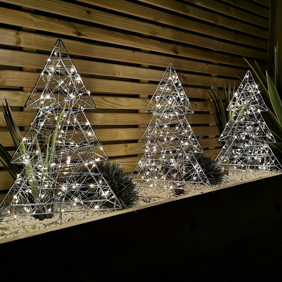 image 1 of Set of 3 50cm Light up Iron Christmas Tree Garden Stake Lights with Warm White LEDs