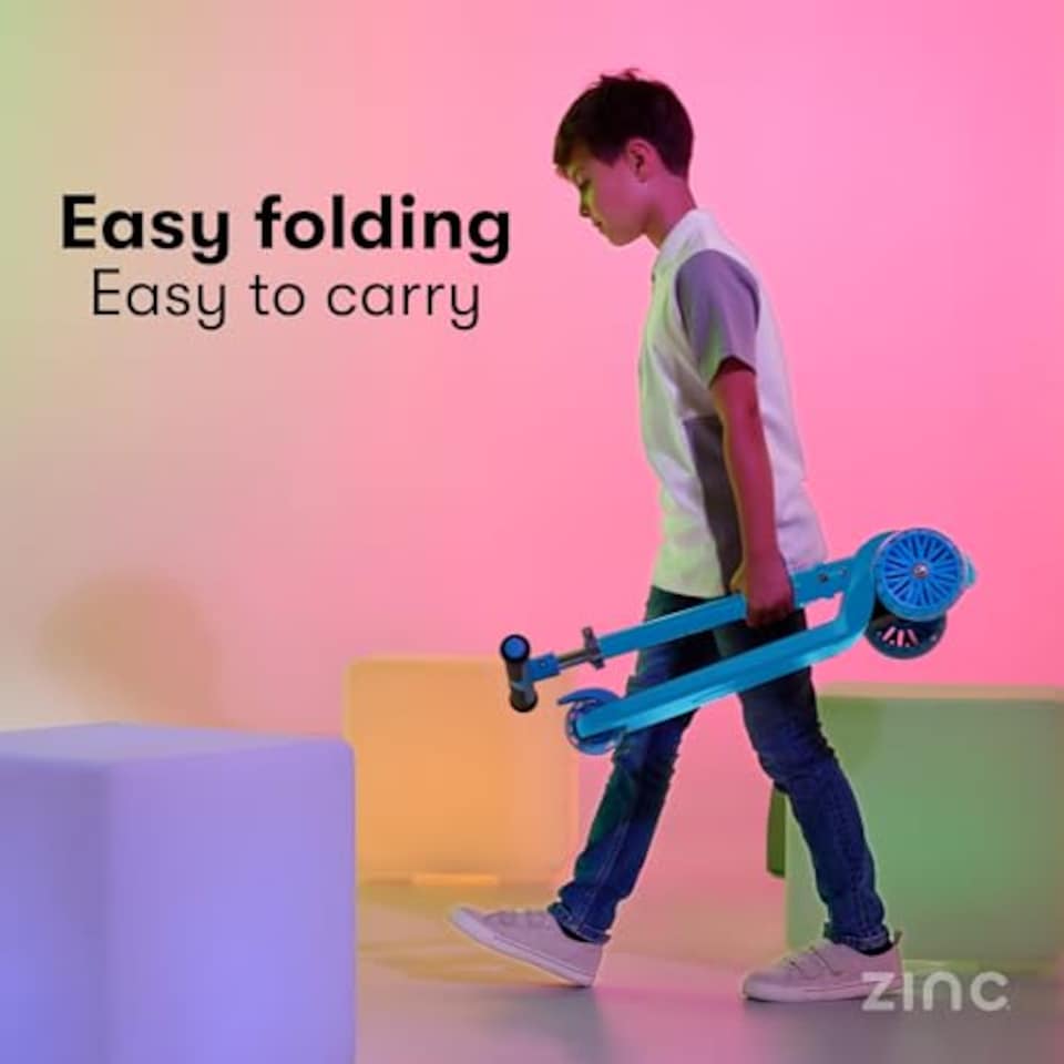 image 1 of Zinc 3 Wheel Folding Led Shine Scooter For Kids, Light Up Stem With 20 Light Functions, Folding, Non-Slip Grips, Adjustable Handlebar, Blue