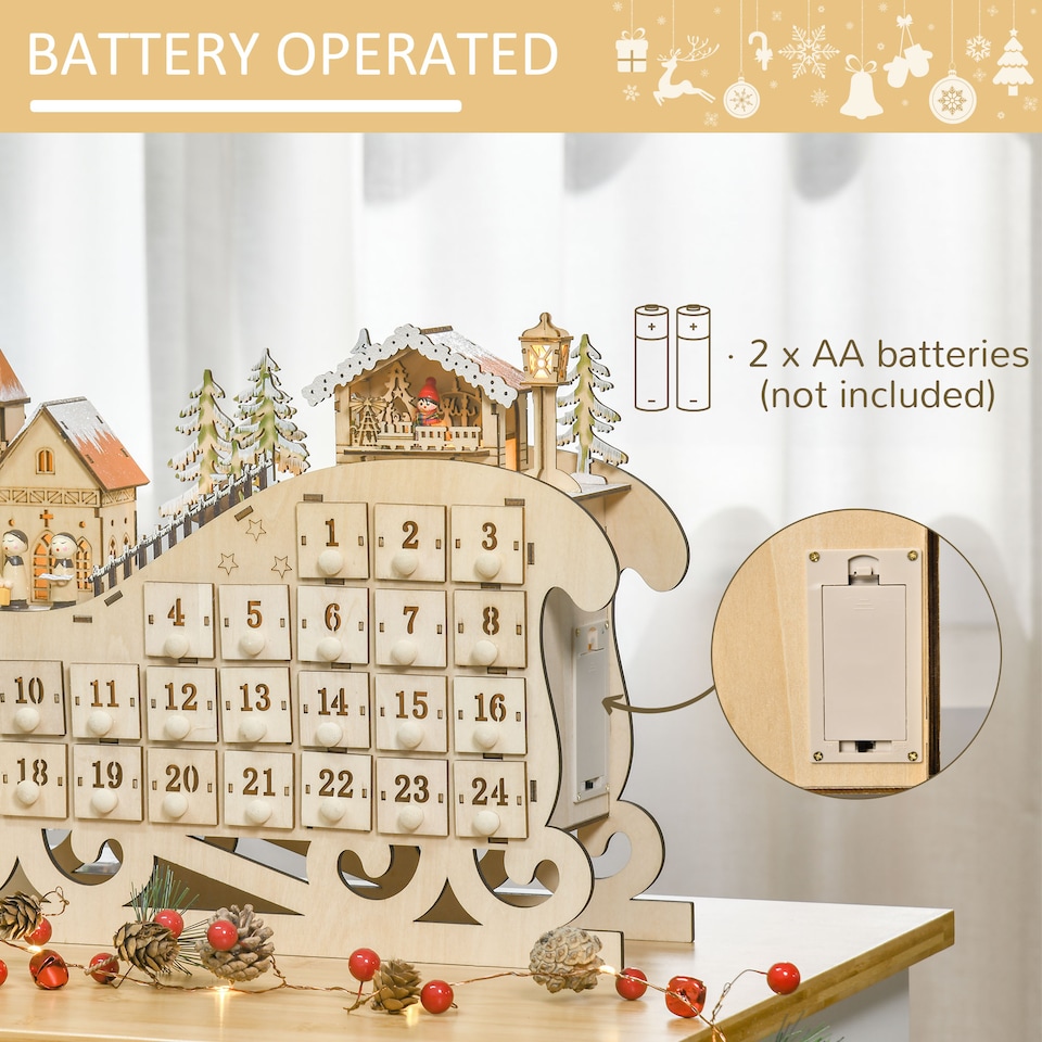 image 1 of HOMCOM Christmas Advent Calendar Light Up Sleigh w/ Countdown Drawer, Village