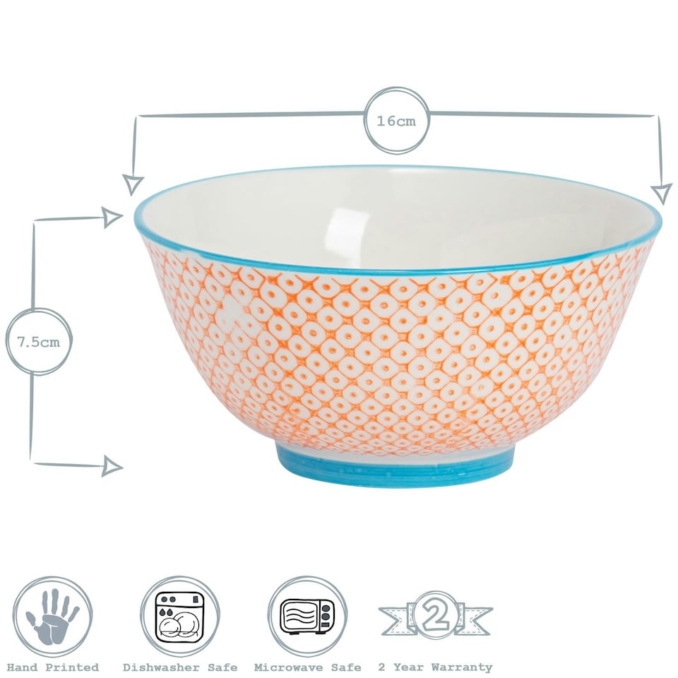 image 1 of Nicola Spring Hand-Printed Cereal Bowls - 16cm - Orange - Pack of 6 Multi
