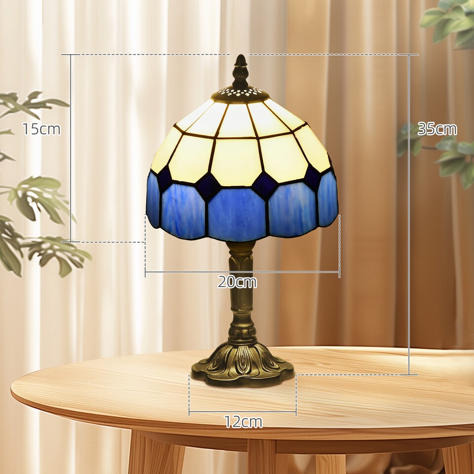 image 1 of HOMCOM Handmade Stained Glass Table Lamp, TiffanyStyle Bedside Lamp for Bedroom, Living room, Home, Nightstand, Decorative Night Light, Blue