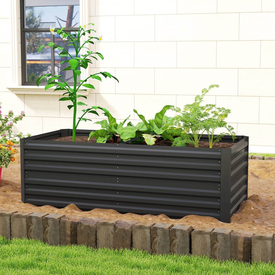 image 1 of Outsunny Raised Beds for Garden, Galvanised Steel Outdoor Planters with Multi-reinforced Rods for Vegetables, Plants, Flowers and Herbs, 180 x 90 x 59 cm, Black | Black