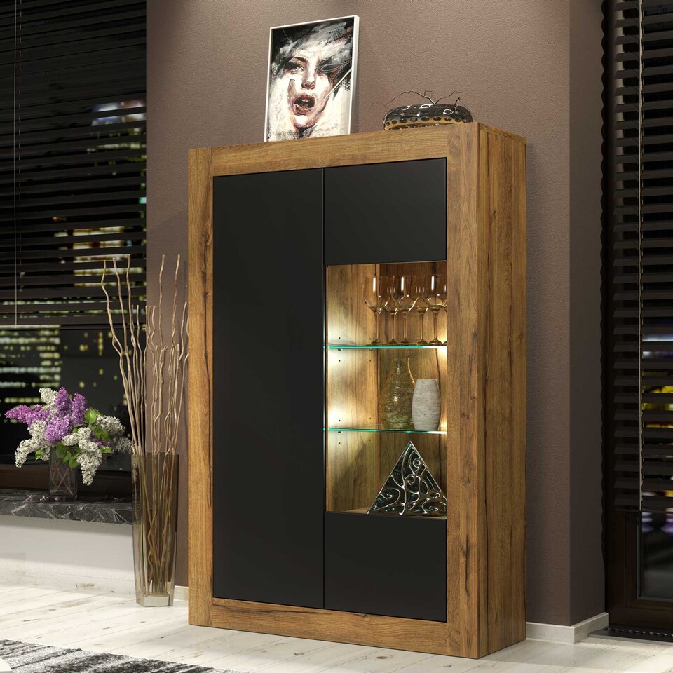 image 1 of Display Cabinet Sideboard Storage Unit Oak Matt Body Black Matt Doors Glass Shelves Modern Cupboard 140cm