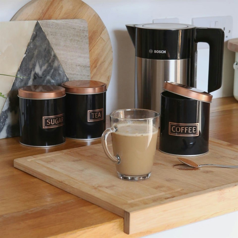 image 1 of Harbour Housewares 3pc Round Metal Tea Coffee Sugar Canister Set - Black/Copper - Kitchen Caddy Kitchen Storage Containers Canisters