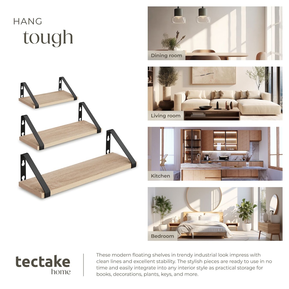 image 1 of Wall Shelves - set of 3, decorative metal brackets, high load-capacity, 3 widths included | Brown | industrial wood light, oak Sonoma | 40 x 12 x 12 cm | 1