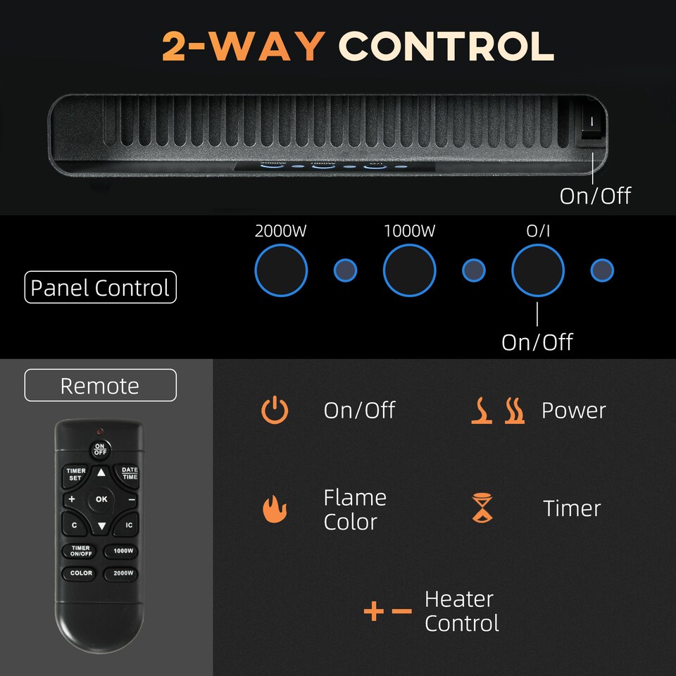 image 1 of HOMCOM 127cm50 Electric Fireplace, 2000W Recessed and Wall Mounted Electric Fire with Remote Control, 9 Flame Colour and Crystal, Black