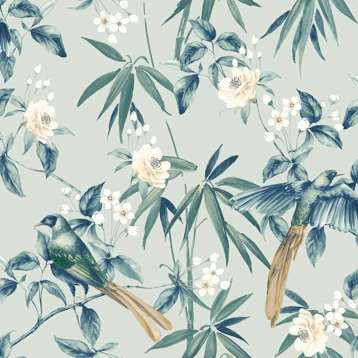 Arthouse Oriental Floral Birds Wallpaper - Grey/Blue - 10m x 53cm Grey
