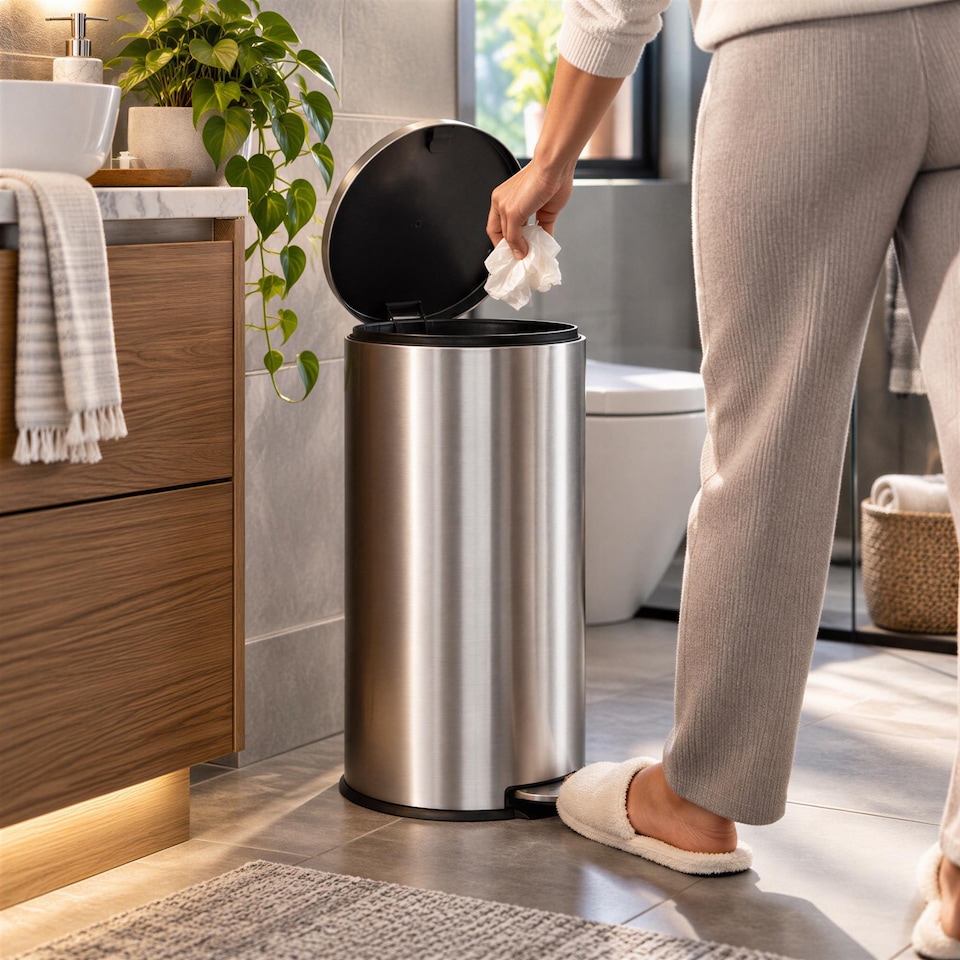 image 1 of Harbour Housewares 30L Stainless Steel Kitchen Pedal Bin with Lid Chrome Foot Pedal Removable Inner Bucket Slim Tall 31x36x63cm