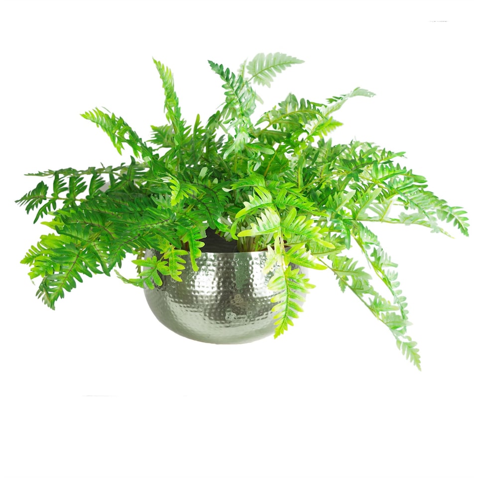 Large Artificial Ferns Display with XL Metal Silver Bowl Planter 50x65cm | Green
