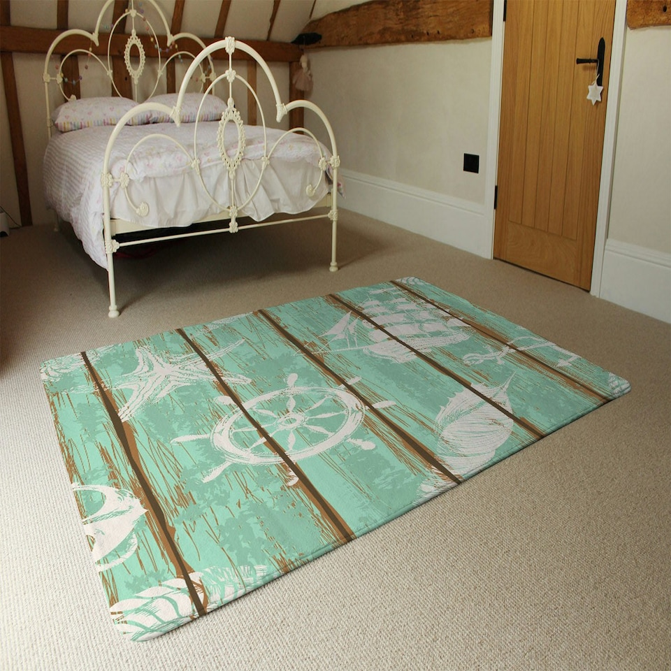 image 1 of Nautical Elements on Wood (Rug) Blue | Small: 60x110cm