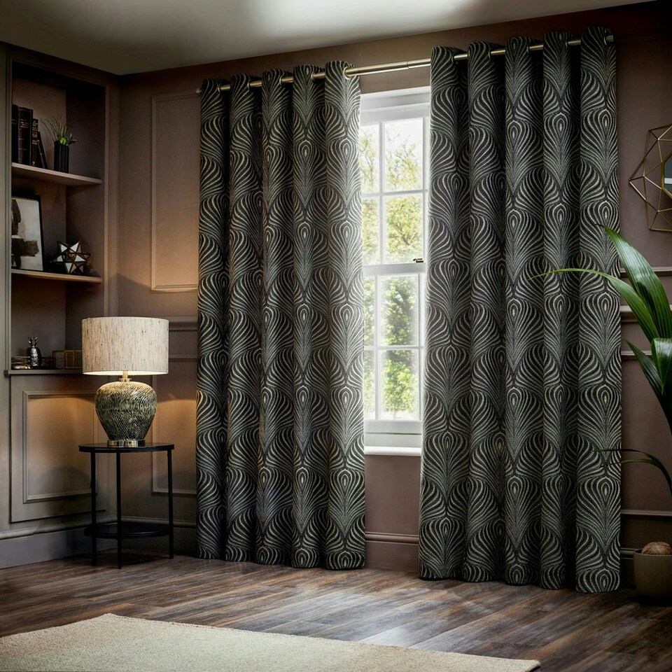 image 1 of Paoletti Gatsby Jacquard Black Eyelet Curtains 117 x 183cm