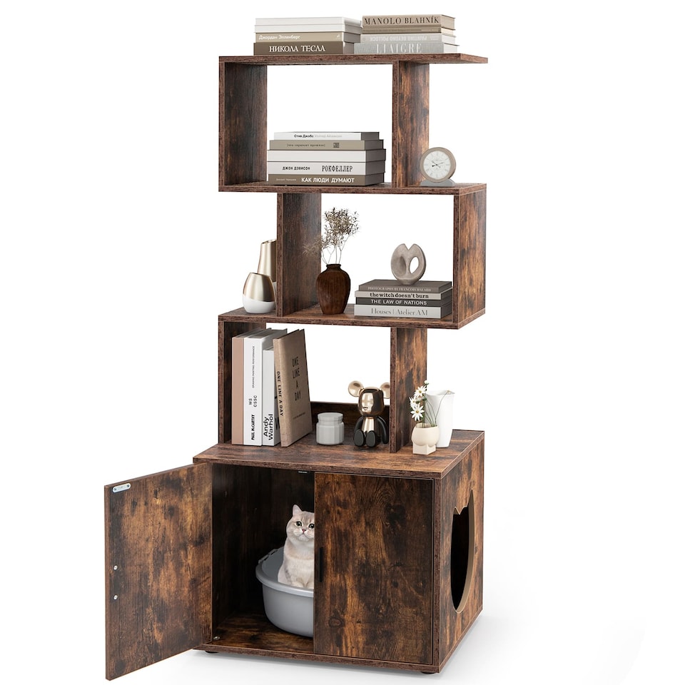 image 1 of COSTWAY Cat Litter Box Enclosure 142cm Tall Hidden Cat Washroom Furniture-Brown