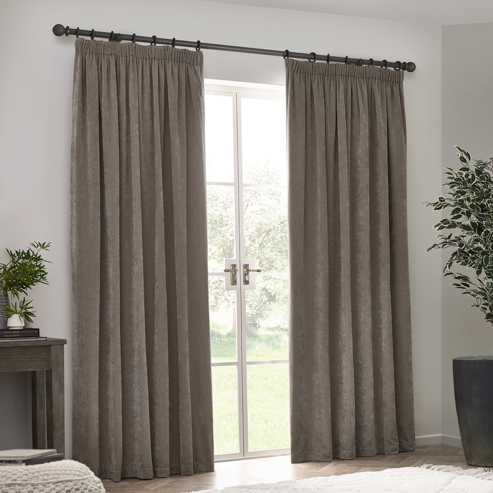 image 1 of Heavy Chenille Blackout Pencil Pleat Curtain Pair | Grey | Greige | 2
