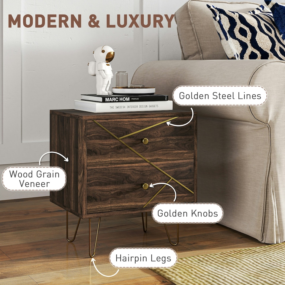 image 1 of HOMCOM Bedside Tables Set of 2, Modern Side Table Set with 2 Drawers, Brown