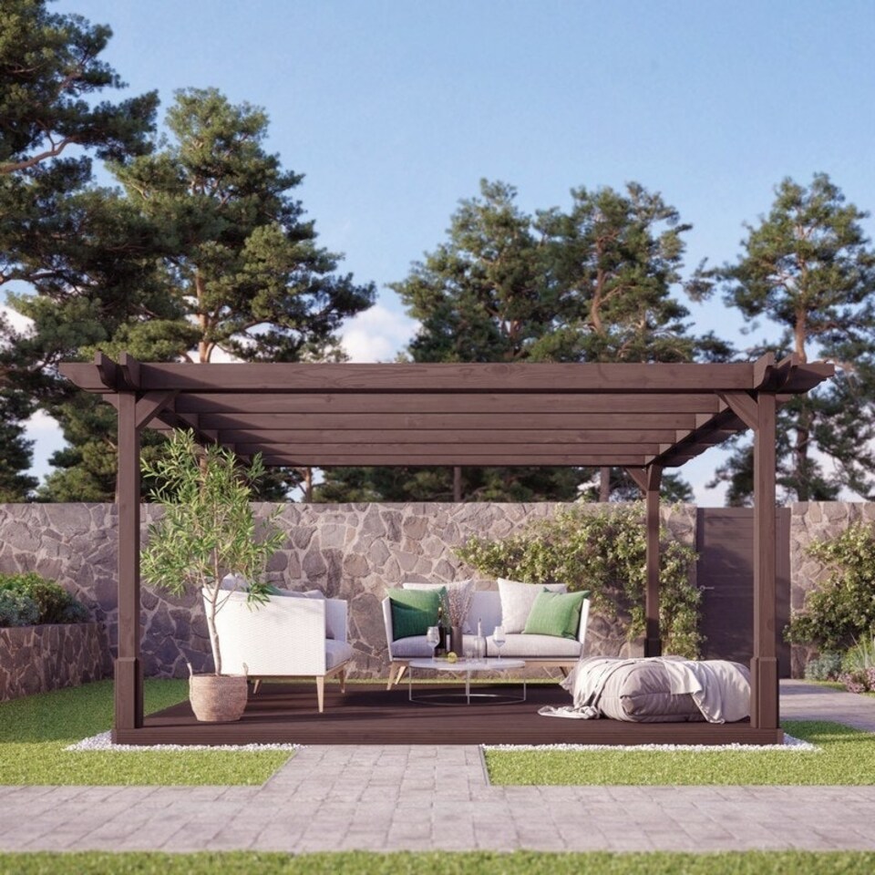 image 1 of Double Premium Pergola and Decking Kit - Wood - L420 x W420 cm - Rustic Brown